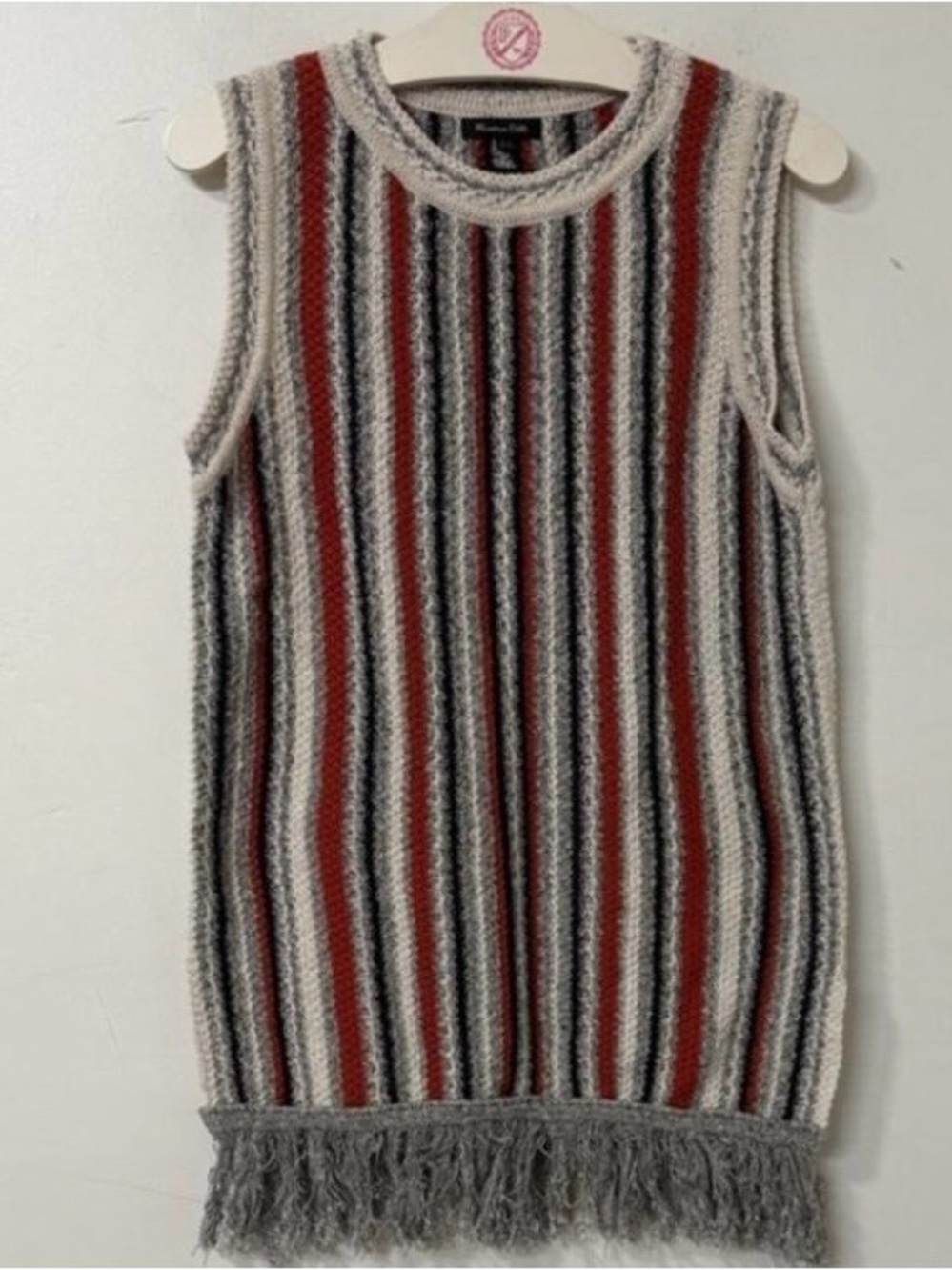 Massimo Dutti Sleeveless Fringe Knit Sweater - Red, Gray, Cream
